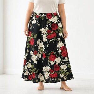 MOA Collection Floral Maxi Skirt 3X Plus Pull On Elastic Waist Black Red Roses